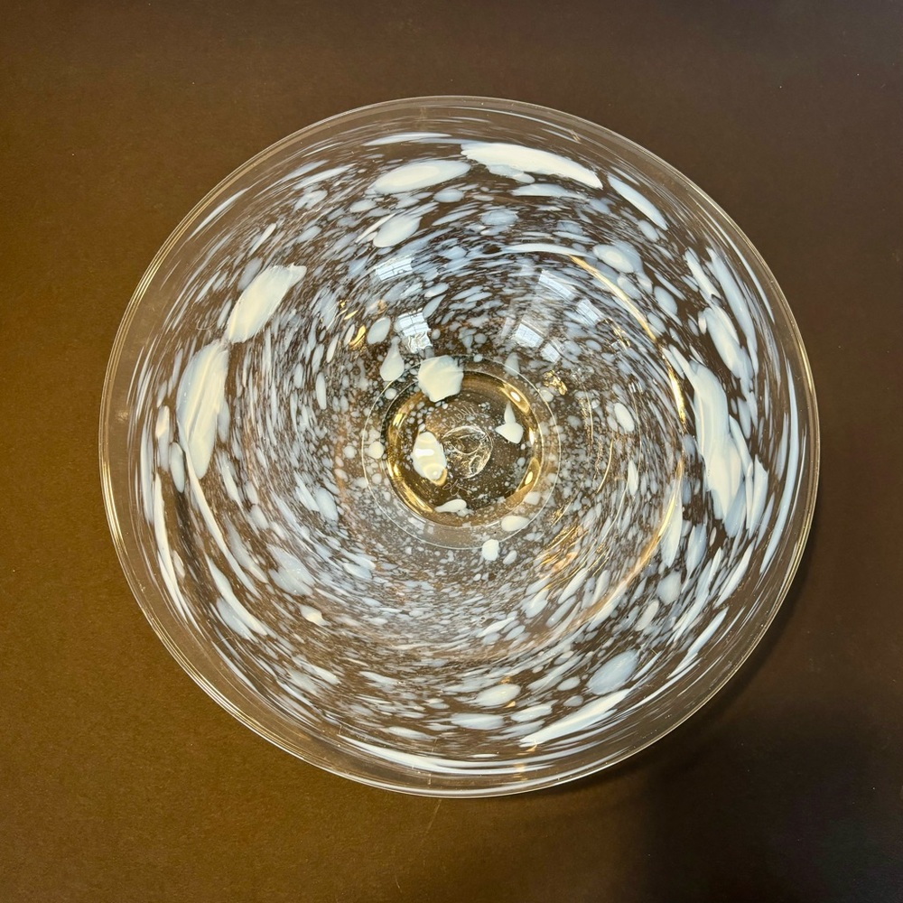 Hand Blown Art Glass White and Clear Swirl Bowl